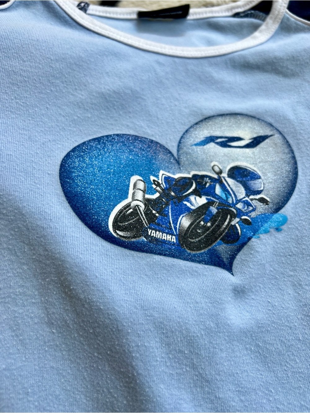 Yamaha Light Blue Tee w/ Navy Cap Sleeves and Motorcycle Heart Graphic • GUC - Picture 2 of 7